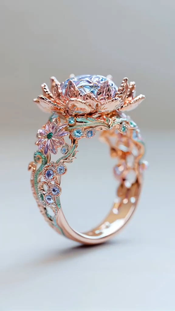 Enchanting Rose - Gold Lotus - Inspired Ring with Multicolored Gemstones