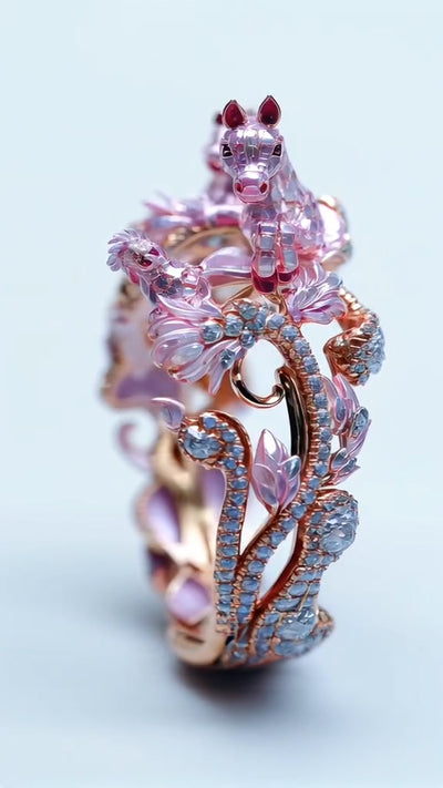 Exquisite Rose - Gold Horse - themed Ring with Gemstone Embellishments