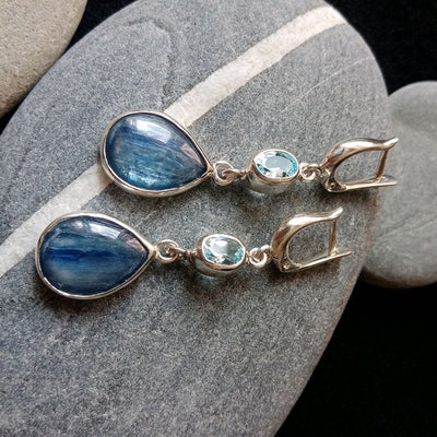 Elegant Silver Earrings with Aquamarine and Banded Blue Gemstones
