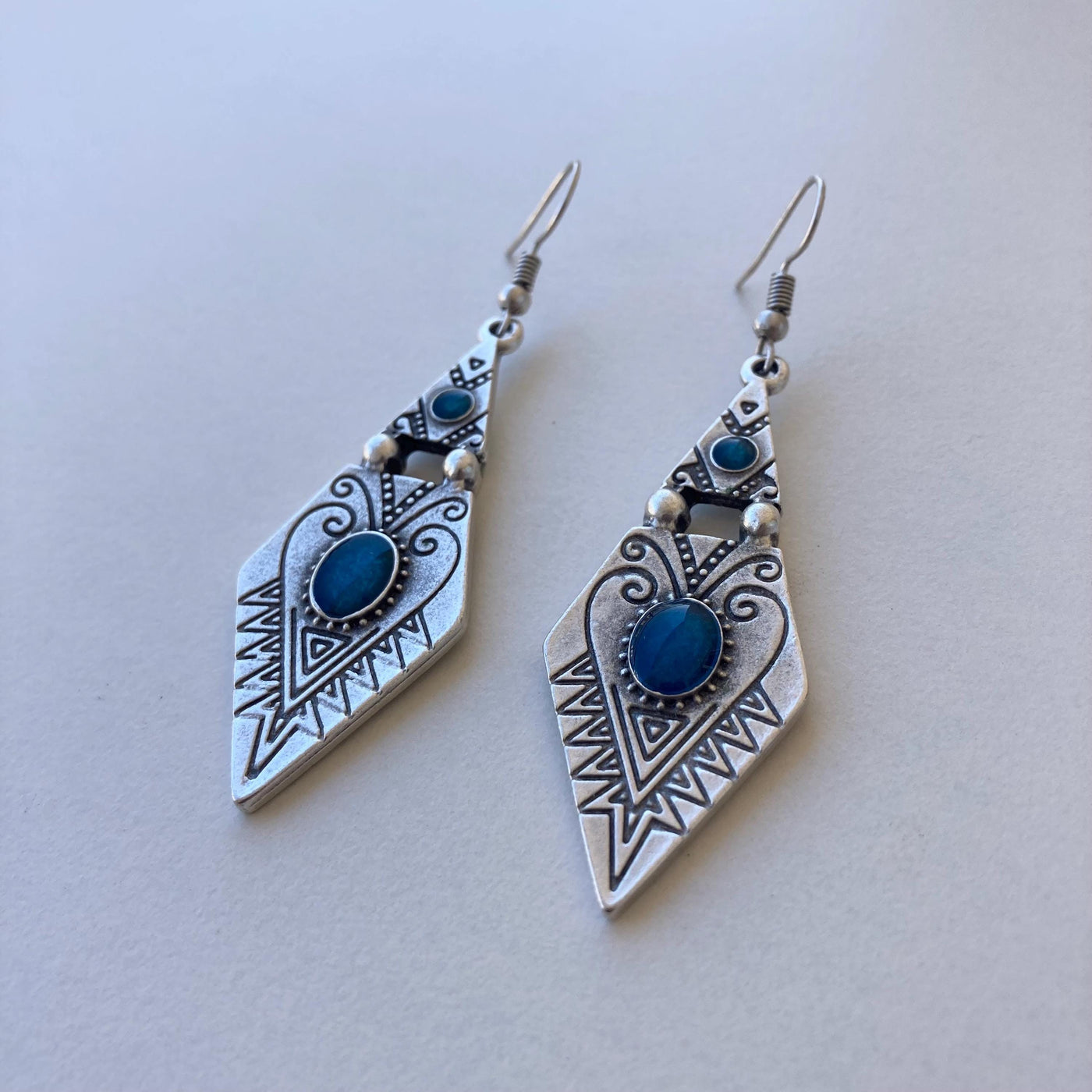 Vintage Boho Silver Dangle Earrings with Blue Enamel, Tribal Arrowhead Shape with Engraved Patterns
