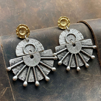Vintage Boho Anatolian Hammered Ethnic Dangle Gold Antique Silver Earrings