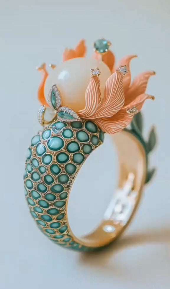 Charming Gold Lotus Ring Embellished with Pearl and Diamonds