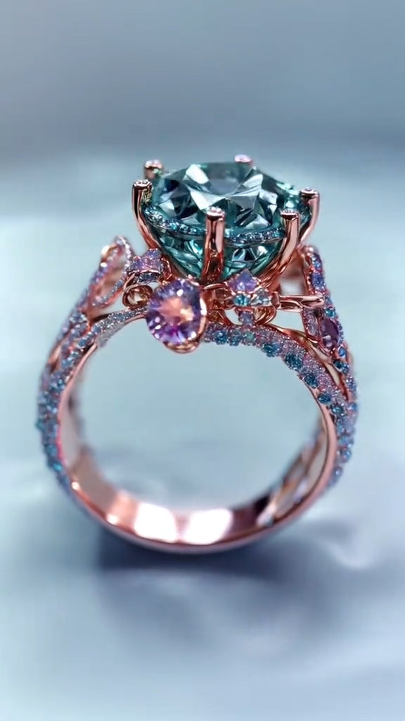 Luxurious Rose Gold Ring Embellished with Aquamarine and Sparkling Diamonds