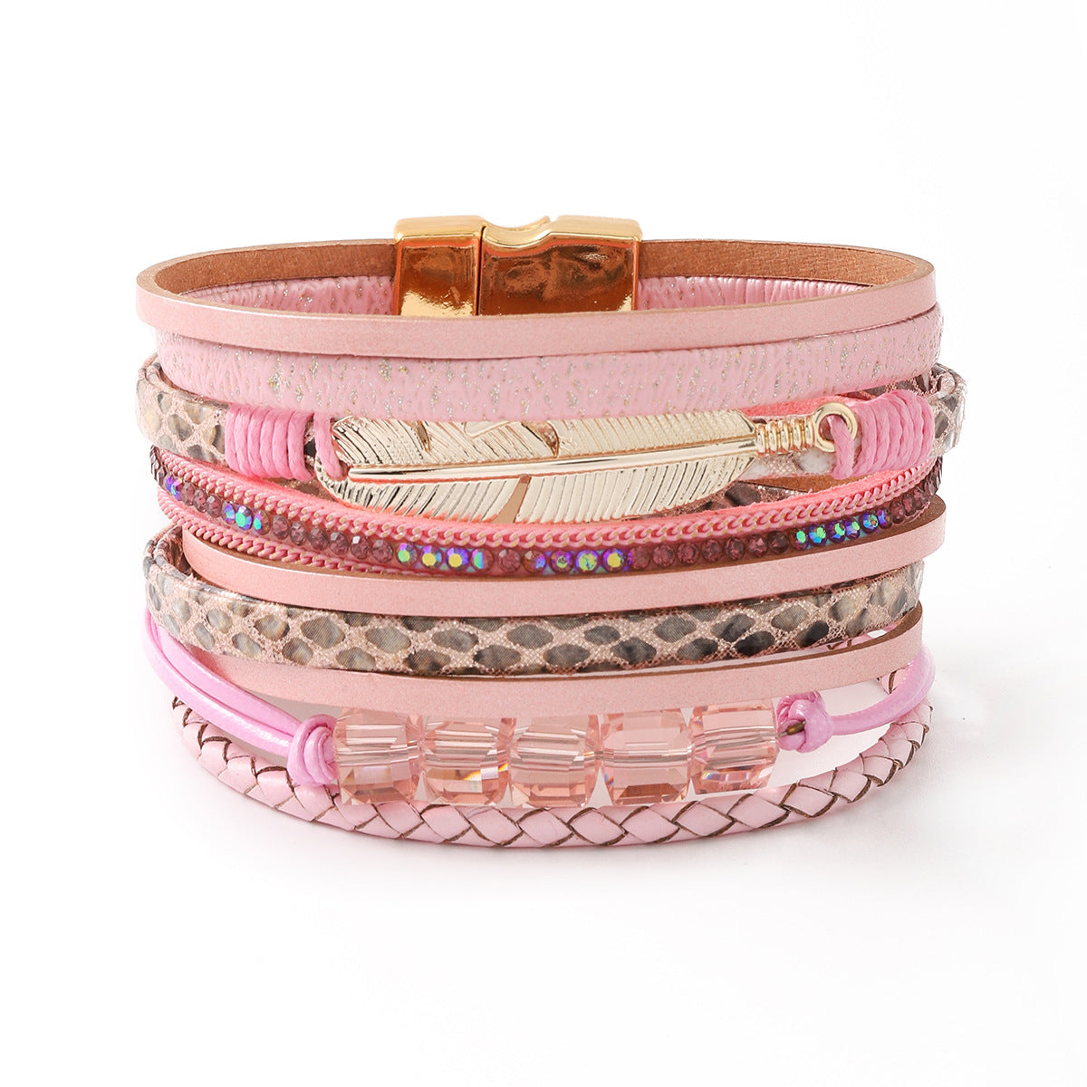 Square Crystal Bead String Leather Bracelet