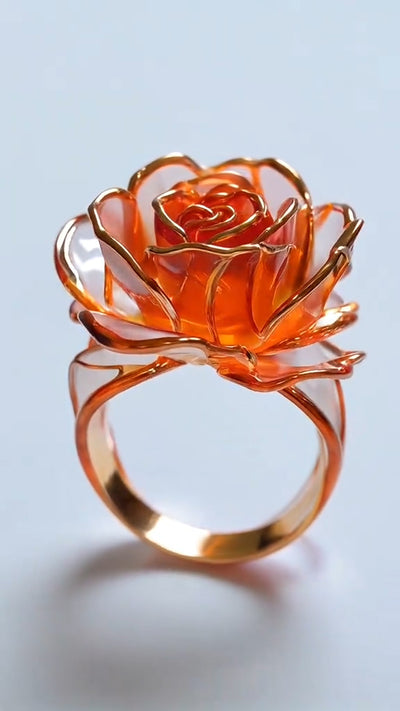 Stunning Gold - Plated Rose - Shaped Ring with Orange Enamel