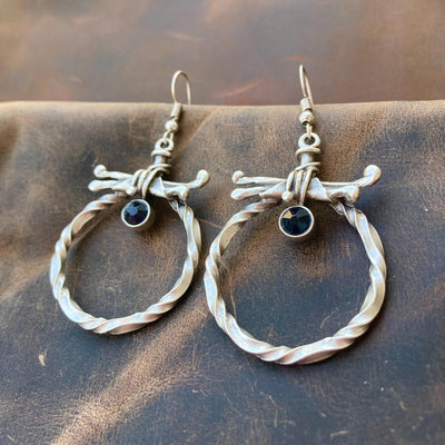 Vintage Boho Gothic Silver Twisted Hoop Statement Earrings with Dark Green Zircon