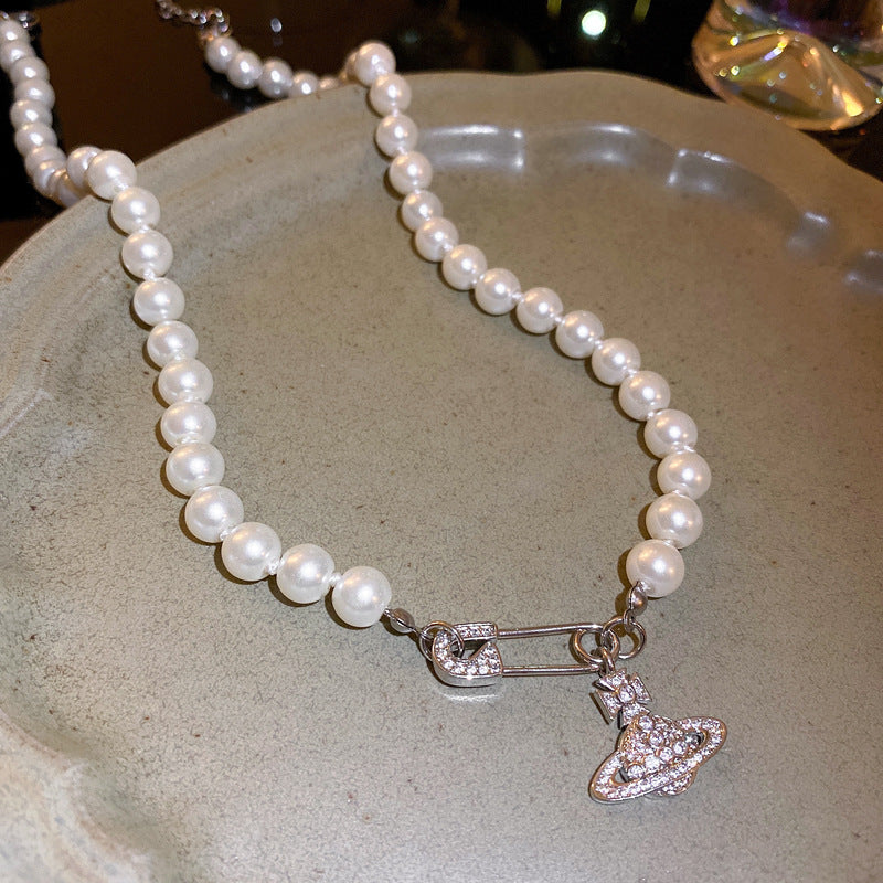 Zircon Saturn Pin Pearl Necklace