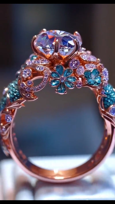 Exquisite Rose Gold Ring: Mermaid Motif Embellished with Gems