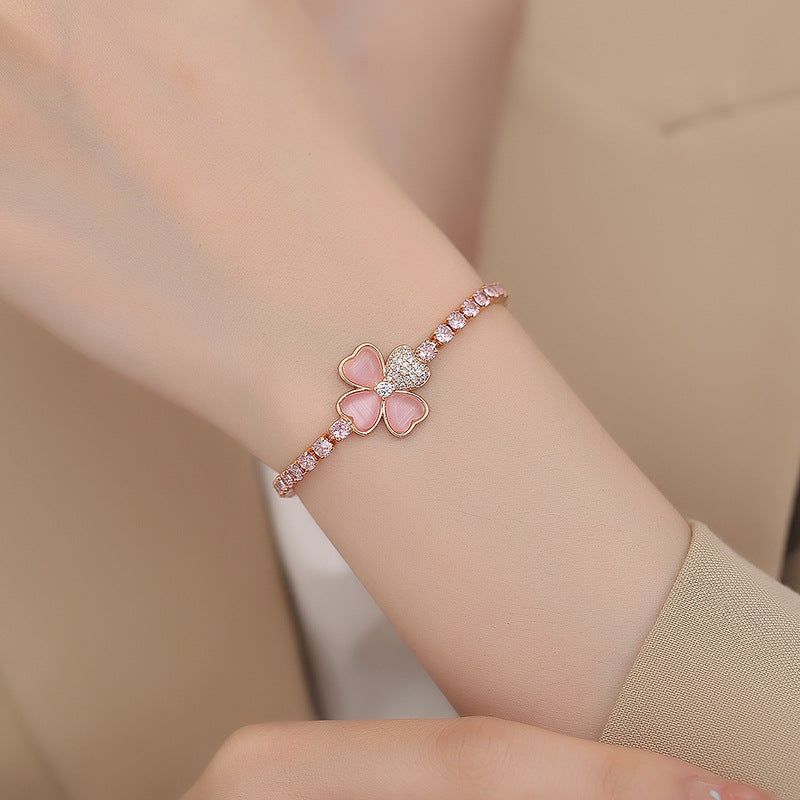 Cat's Eye Stone Clover Pink Diamond Bracelet
