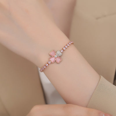 Cat's Eye Stone Clover Pink Diamond Bracelet