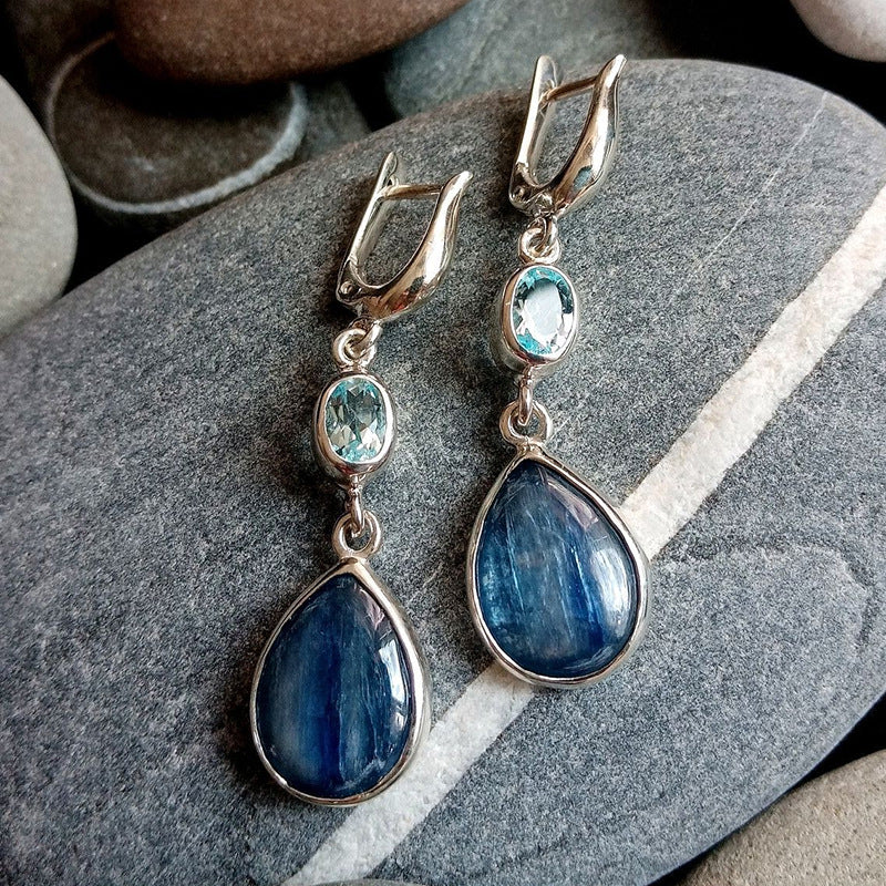 Elegant Silver Earrings with Aquamarine and Banded Blue Gemstones