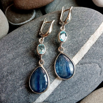 Elegant Silver Earrings with Aquamarine and Banded Blue Gemstones