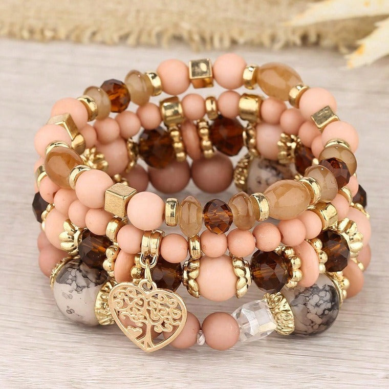 New Bohemian Ethnic Style Crystal Peach Heart Multi Layer Bracelet With Hollow Beads For Women