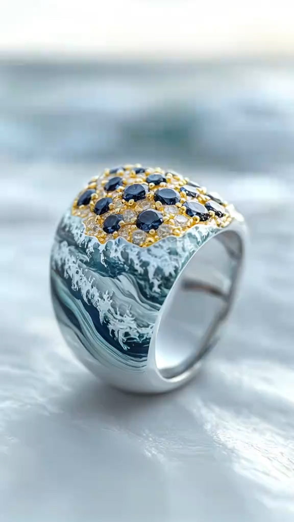 Spectacular Ocean - Inspired Silver Ring with Sapphire Embellishments