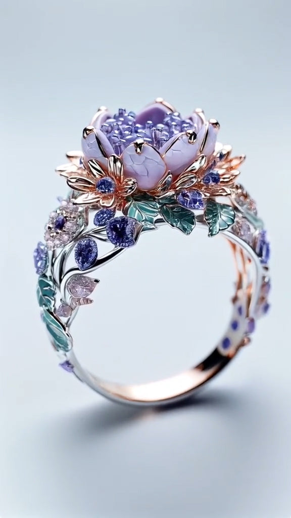 Enchanting Lotus - Floral Motif Multicolored Gemstone Ring in Rose Gold and Silver