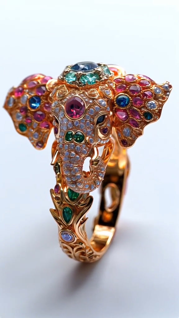 Exquisite Multicolored Gem - encrusted Elephant - shaped Gold Ring