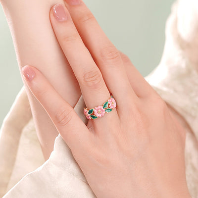 French Enamel Pink Camellia Forest  Ring