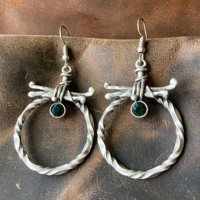 Vintage Boho Gothic Silver Twisted Hoop Statement Earrings with Dark Green Zircon