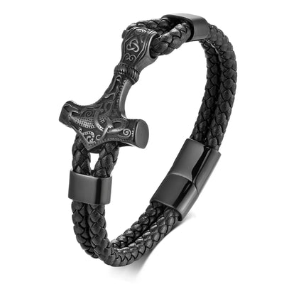 Viking Thor’s Hammer Engraved Sterling Steel Leather Bracelet