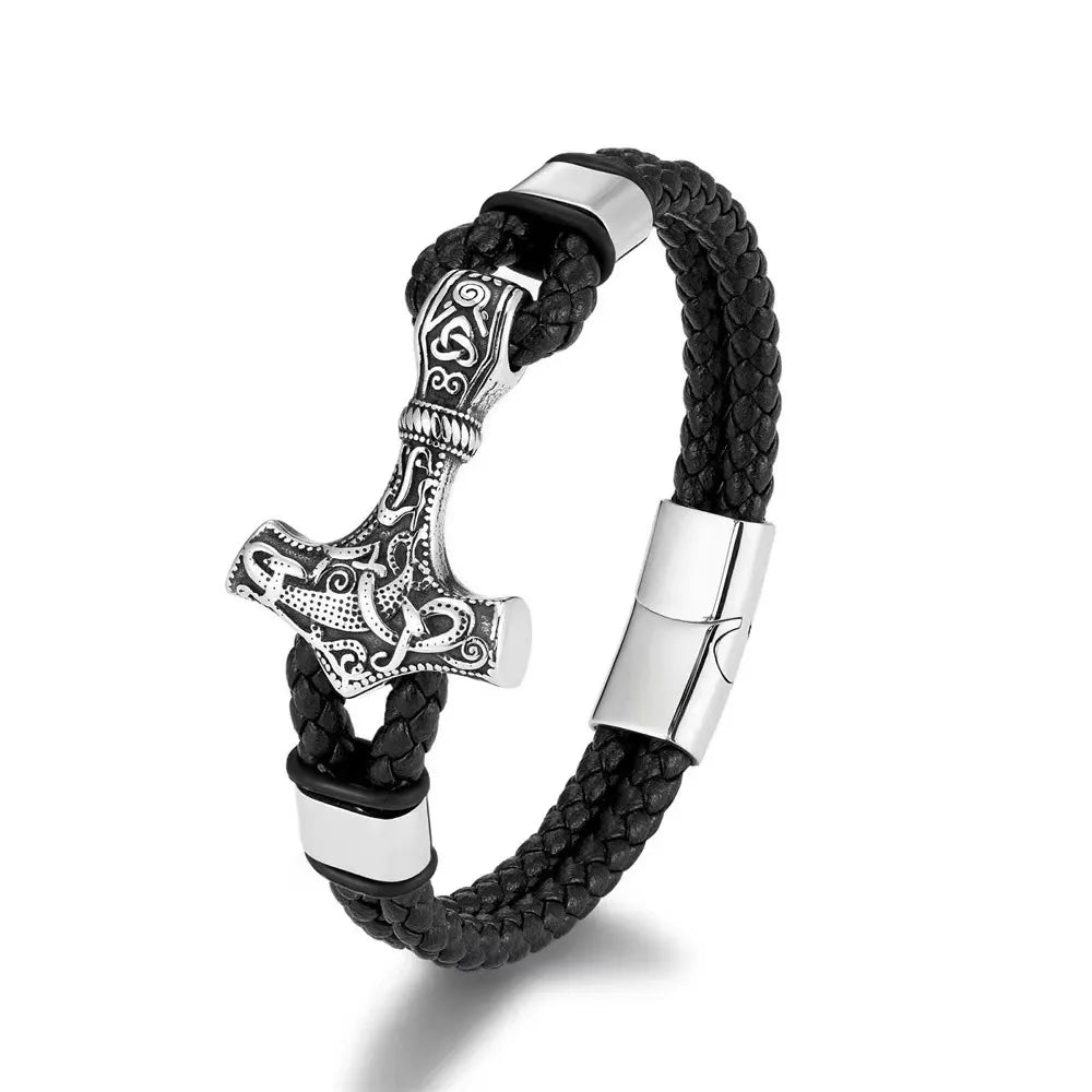 Viking Thor’s Hammer Engraved Sterling Steel Leather Bracelet