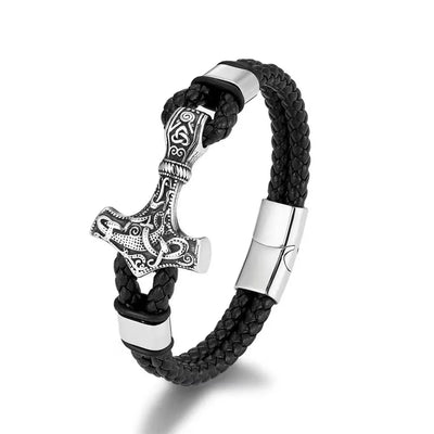 Viking Thor’s Hammer Engraved Sterling Steel Leather Bracelet