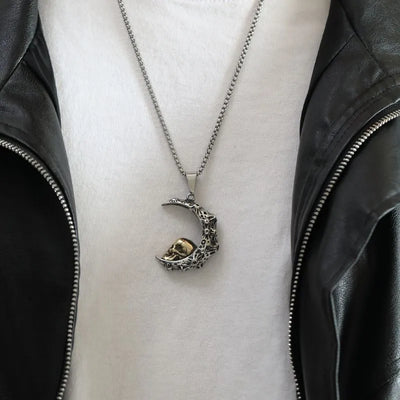 Gothic Crescent with Gold Skull Pendant Necklace