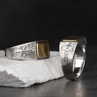 Handmade 925 Sterling Silver Viking Rune with Thor Hammer Ring - Gothic Lolita