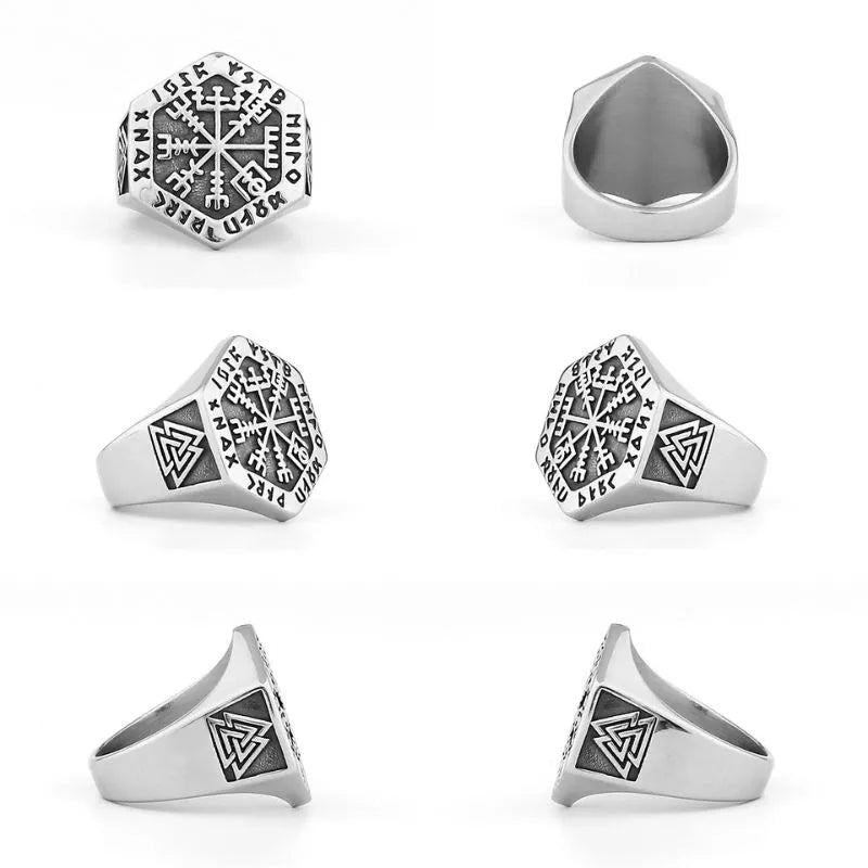 Nordic Viking Compass Rune Hexagon Ring