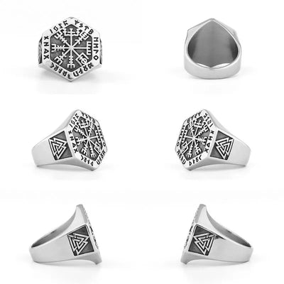 Nordic Viking Compass Rune Hexagon Ring