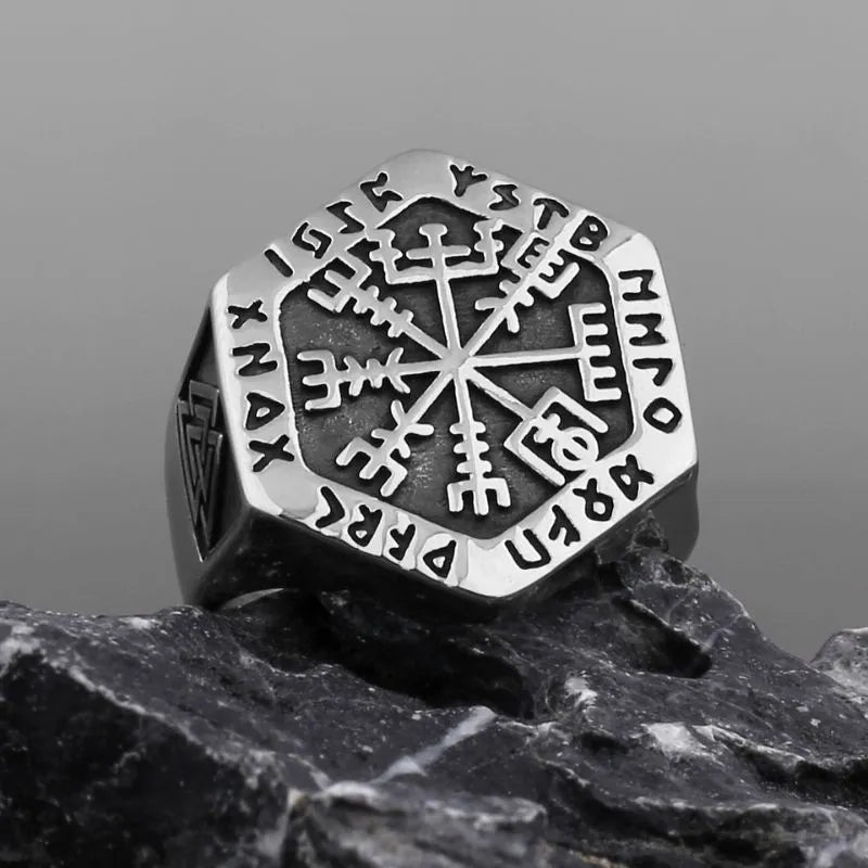 Nordic Viking Compass Rune Hexagon Ring