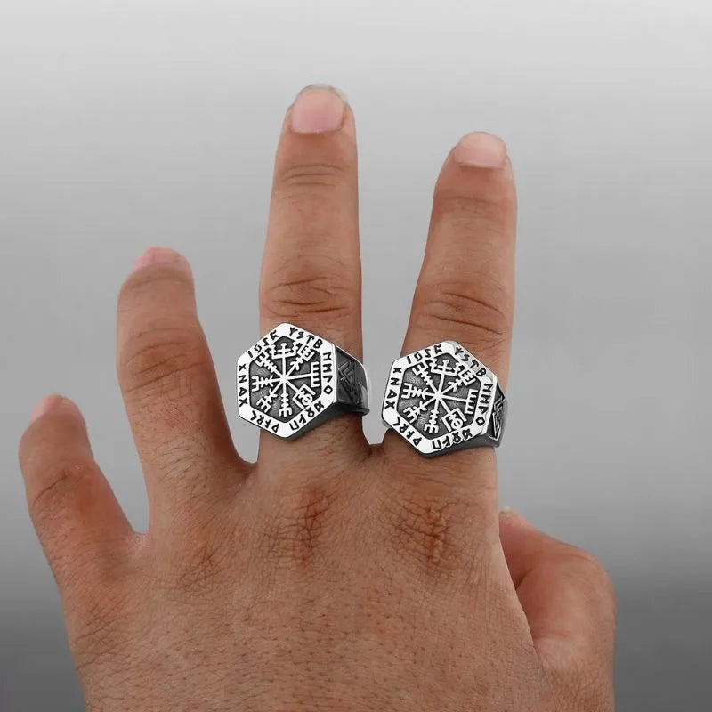 Nordic Viking Compass Rune Hexagon Ring