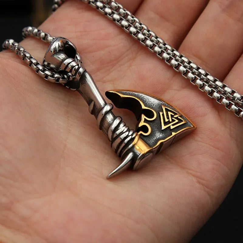 Vintage Viking hatchet Valknut  Sterling Silver Pendant Necklace