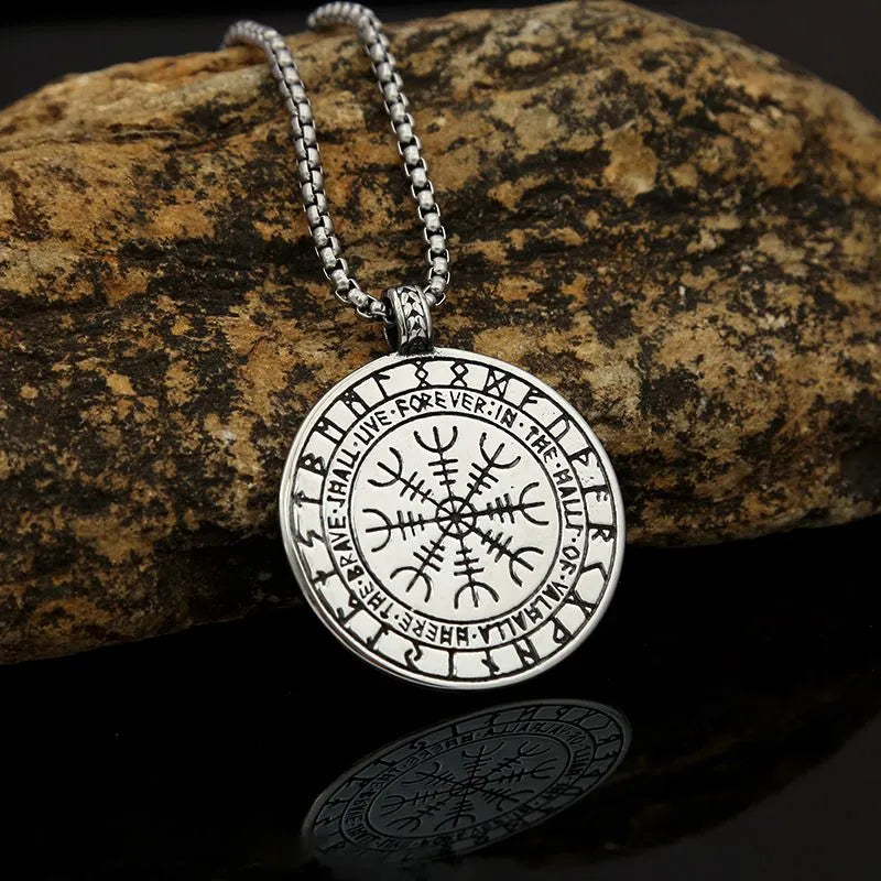 Viking Round Compass  Sterling Silver Pendant Necklace