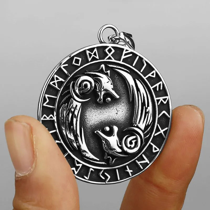 Viking Double Wolf with Rune  Sterling Silver Pendant