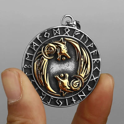 Viking Double Wolf with Rune  Sterling Silver Pendant