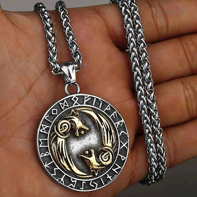 Viking Double Wolf with Rune  Sterling Silver Pendant