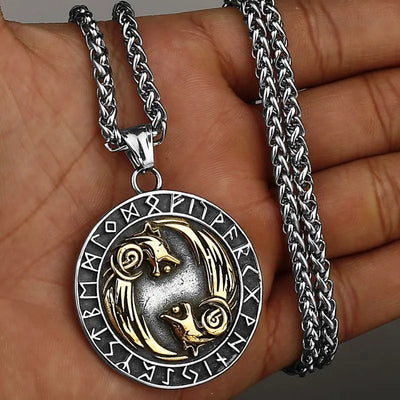 Viking Double Wolf with Rune  Sterling Silver Pendant