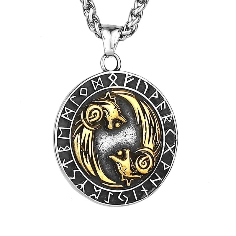 Viking Double Wolf with Rune  Sterling Silver Pendant