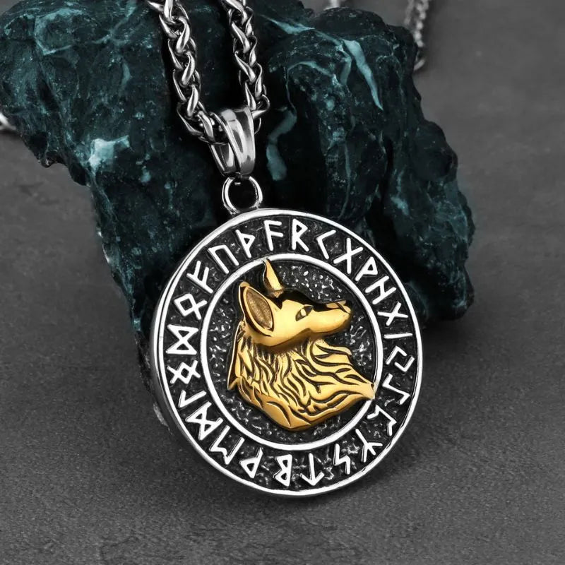 Viking Gold Plated Wolf  Fenrir with Rune Pendant