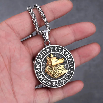 Viking Gold Plated Wolf  Fenrir with Rune Pendant