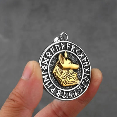 Viking Gold Plated Wolf  Fenrir with Rune Pendant
