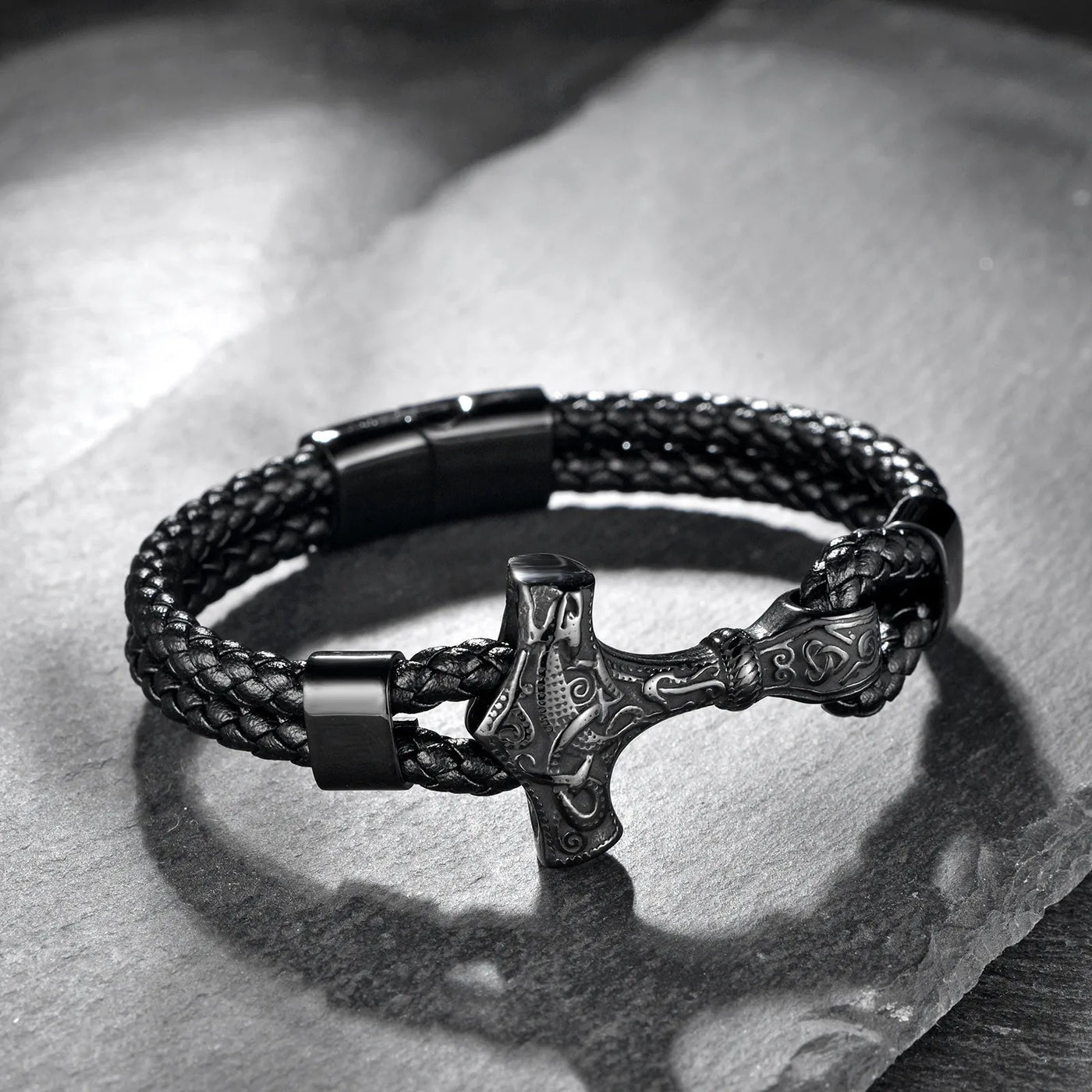 Viking Thor’s Hammer Engraved Sterling Steel Leather Bracelet