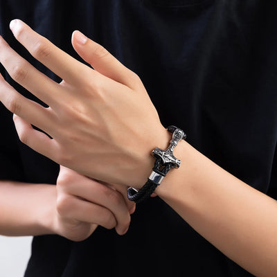 Viking Thor’s Hammer Engraved Sterling Steel Leather Bracelet