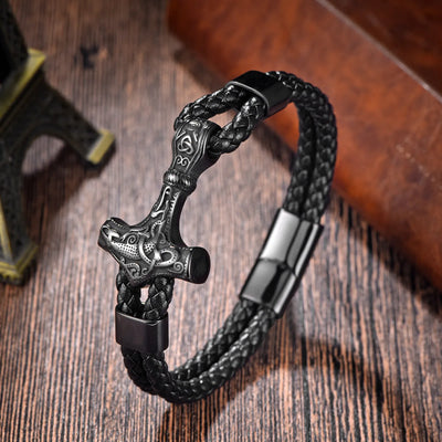 Viking Thor’s Hammer Engraved Sterling Steel Leather Bracelet