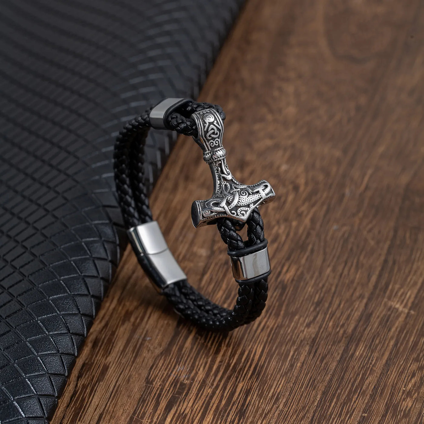 Viking Thor’s Hammer Engraved Sterling Steel Leather Bracelet
