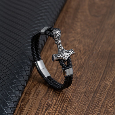 Viking Thor’s Hammer Engraved Sterling Steel Leather Bracelet
