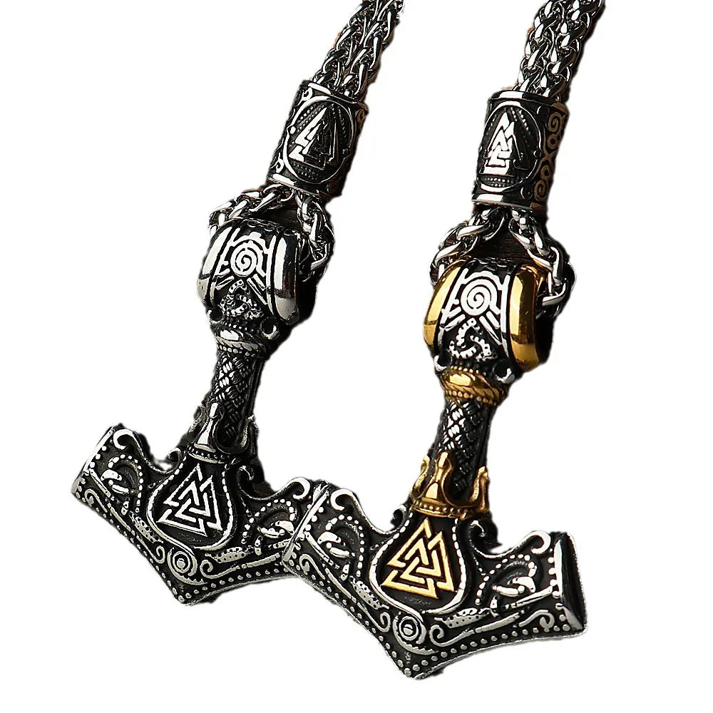 Viking Thor‘s Hammer Engraved Valknut  Sterling Silver Pendant Necklace