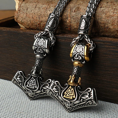 Viking Thor‘s Hammer Engraved Valknut  Sterling Silver Pendant Necklace