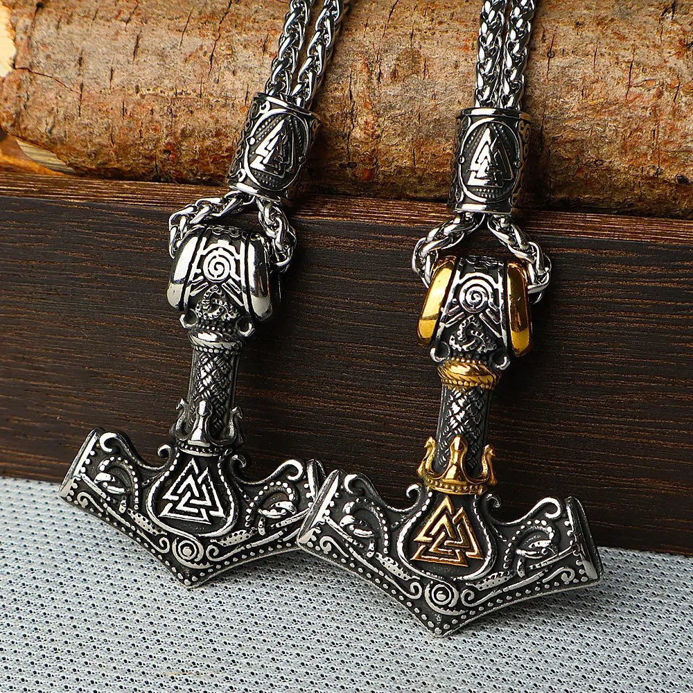 Viking Thor‘s Hammer Engraved Valknut  Sterling Silver Pendant Necklace