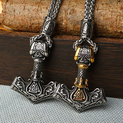 Viking Thor‘s Hammer Engraved Valknut  Sterling Silver Pendant Necklace
